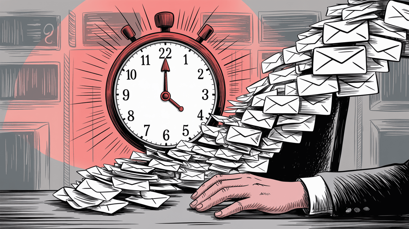 Professional workspace showing clock under pressure with overwhelming pile of email envelopes spilling from laptop screen, illustrating email time consumption statistics